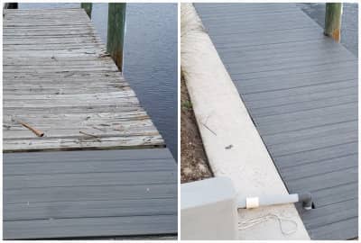 Old deteriorated wood boards before picture next to after picture with new replaced boards by The Dock Docktor